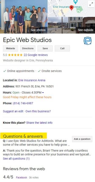 Screenshot displaying the location of the Q&A on a GMB listing.