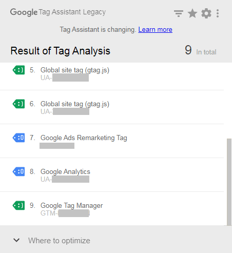 Screenshot of Google Tag Assistant