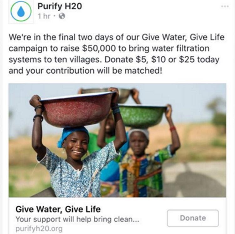 facebook ads for nonprofits - women carrying large bowls of water is used to ask for donations to provide clean water