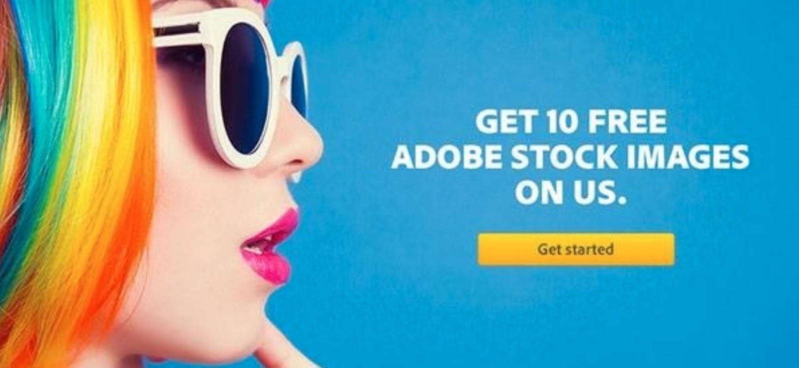 Adobe banner ad featuring a young woman with rainbow colored hair against a sky blue backdrop