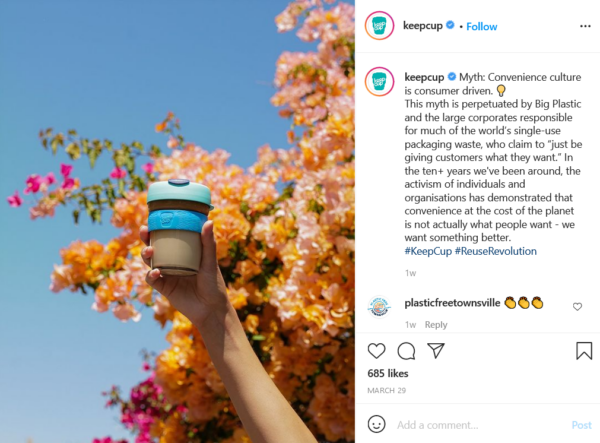 example of KeepCup writing to their environmentally-conscious audience