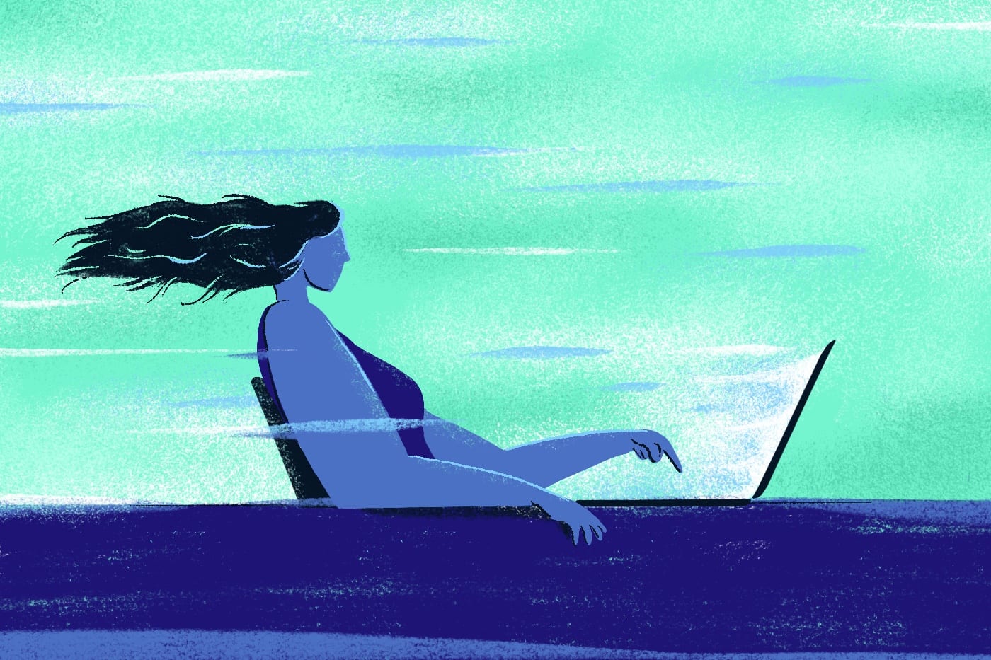 Illustration of a woman at her computer with the wind passing her quickly to indicate fast website page speed