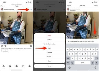 A series of screenshots showing the process for adding or editing alt text on existing Instagram images as explained in the article.