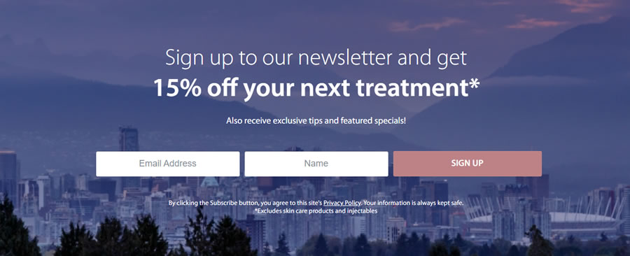 Our client Deez Skin Reju & Pain Clinic has a prominent email signup form with a tempting opt-in offer. 