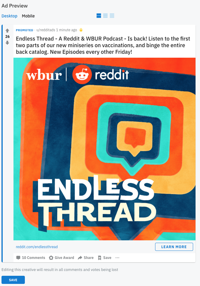 Reddit Ad Preview for an Endless Thread ad -- has options for previewing the ad on desktop and mobile