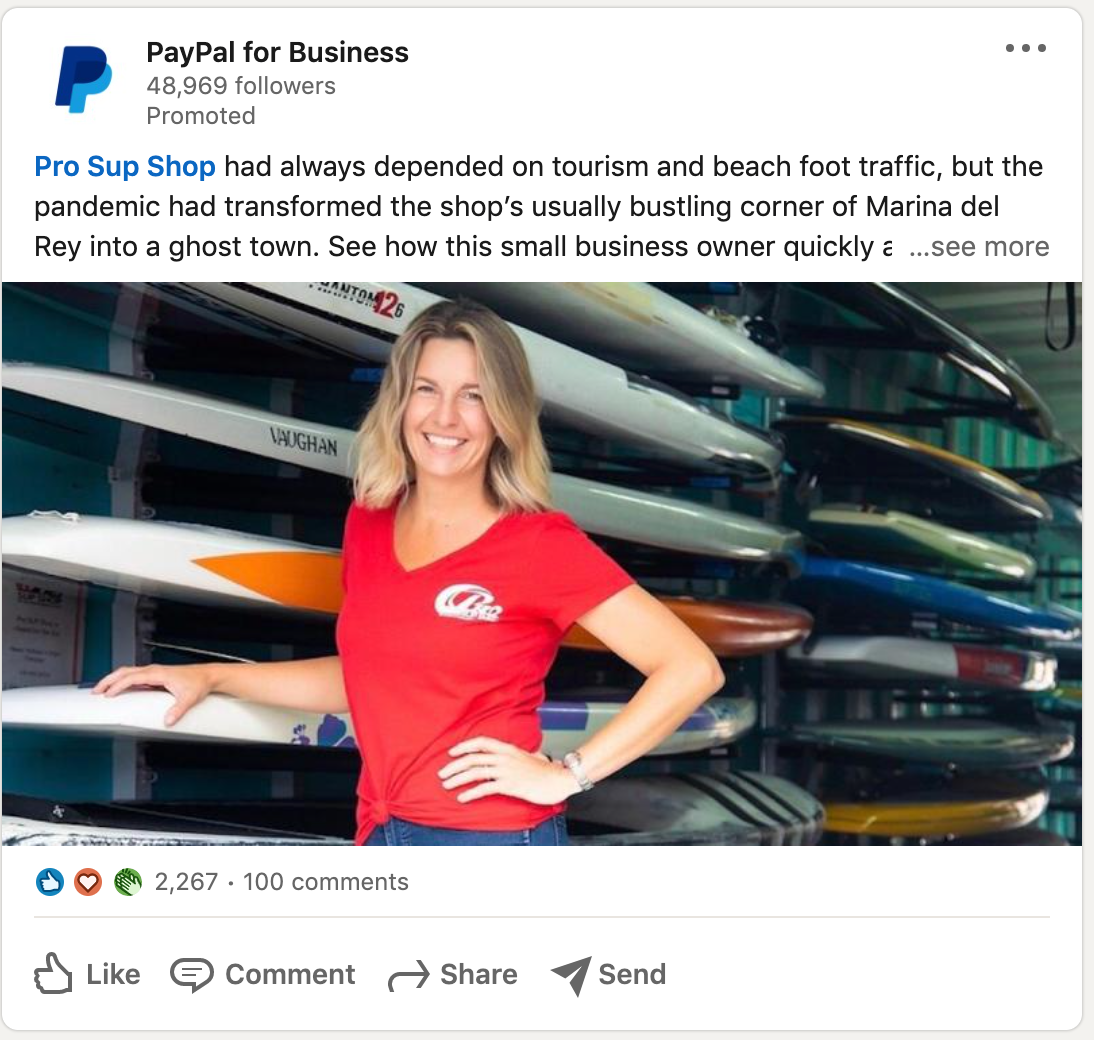 PayPal LinkedIn Ad highlighting a business theyve helped/worked with