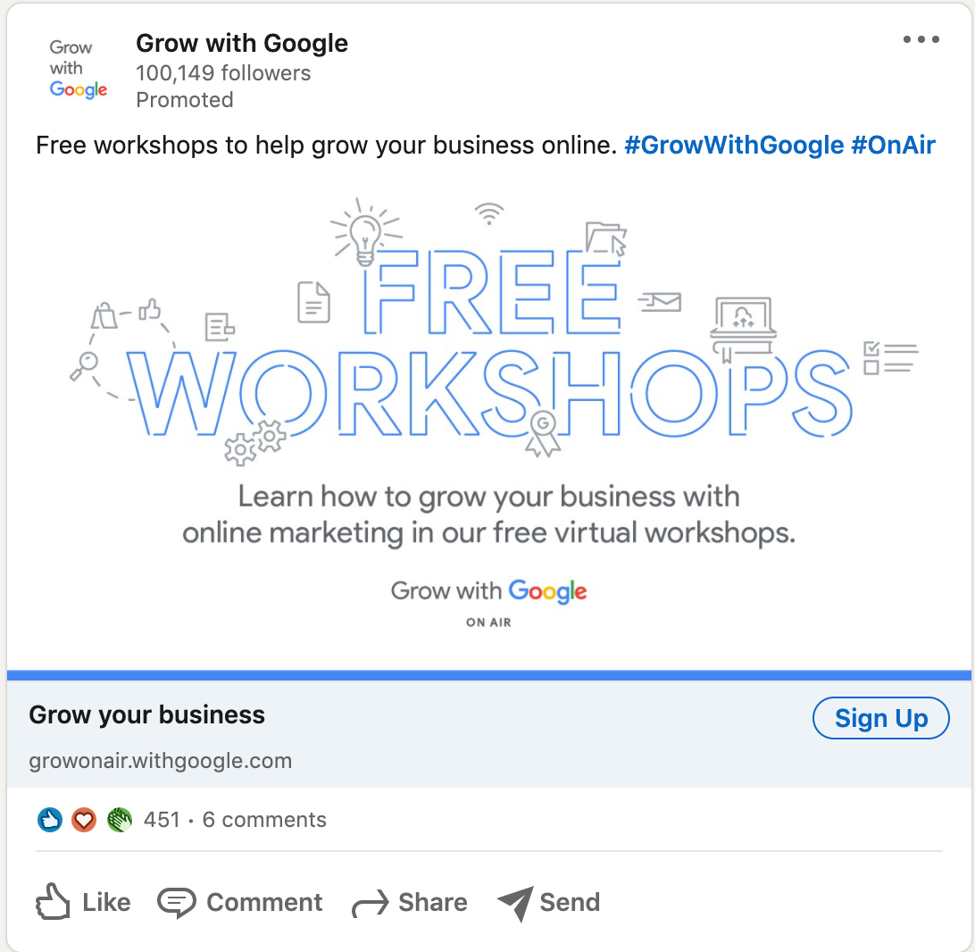 Grow with Google LinkedIn Ad that doesnt follow standard practices by sporting mostly words and graphics with very little color