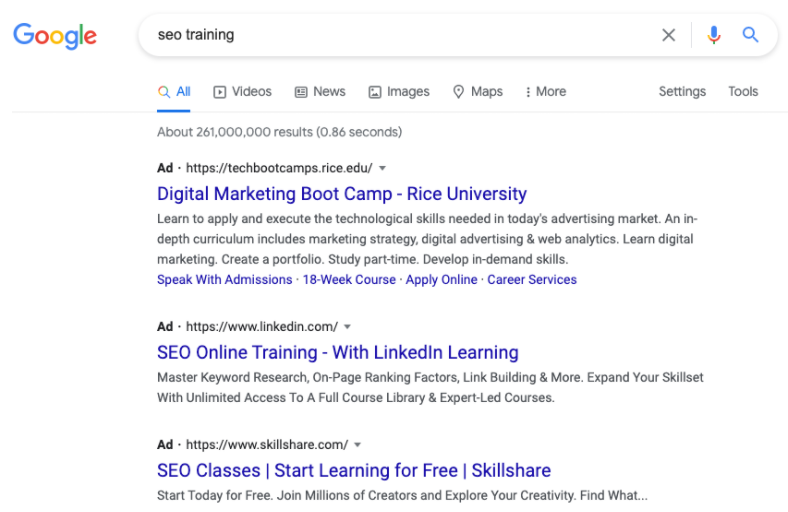 Google ads vs Facebook ads - Google search results for "SEO training"