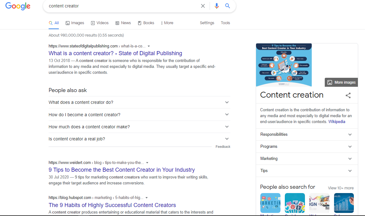 SERP for user intent search "content creator"
