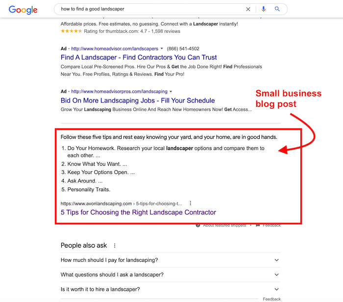 blog showing up in featured snippet to increase online presence