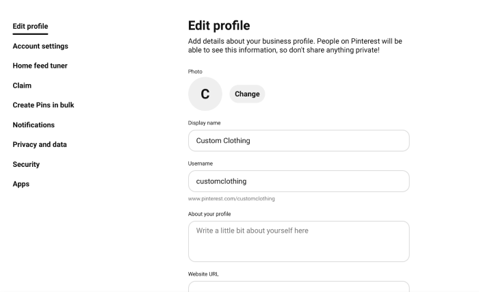 Pinterest business profile set up