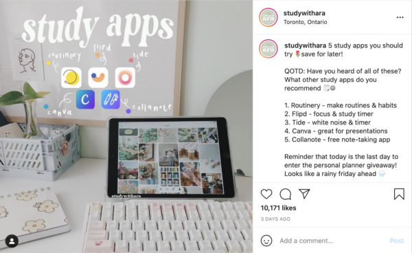 instagram post with study ideas 