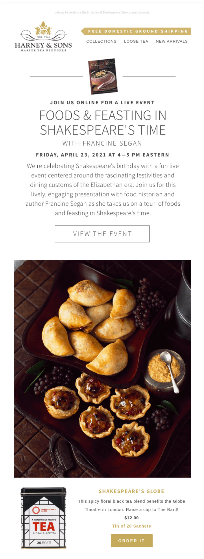 Harney & Sons Shakespeares Time food event announcement with CTA to view event information