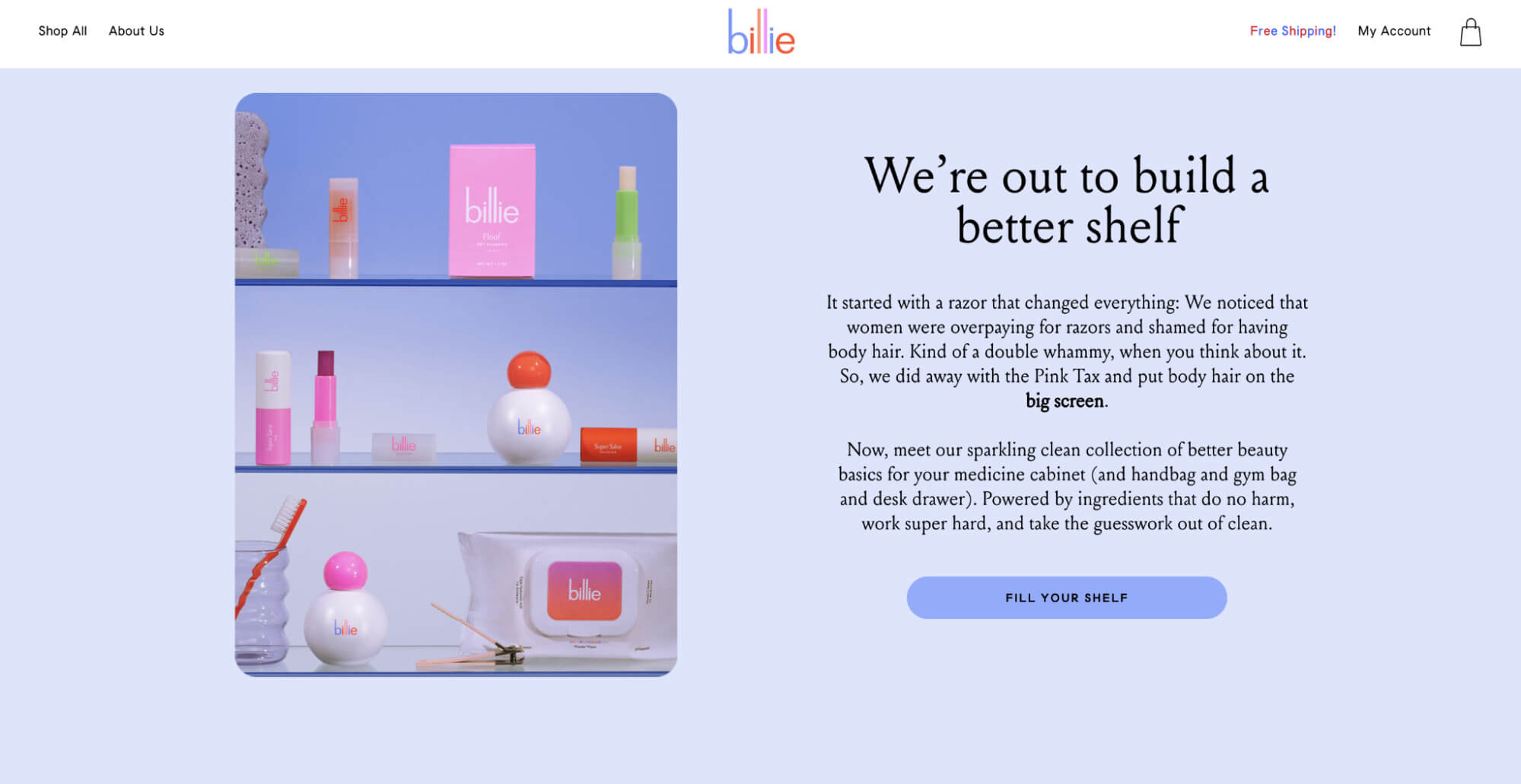 Screenshot of Billies about page sharing their mission statement