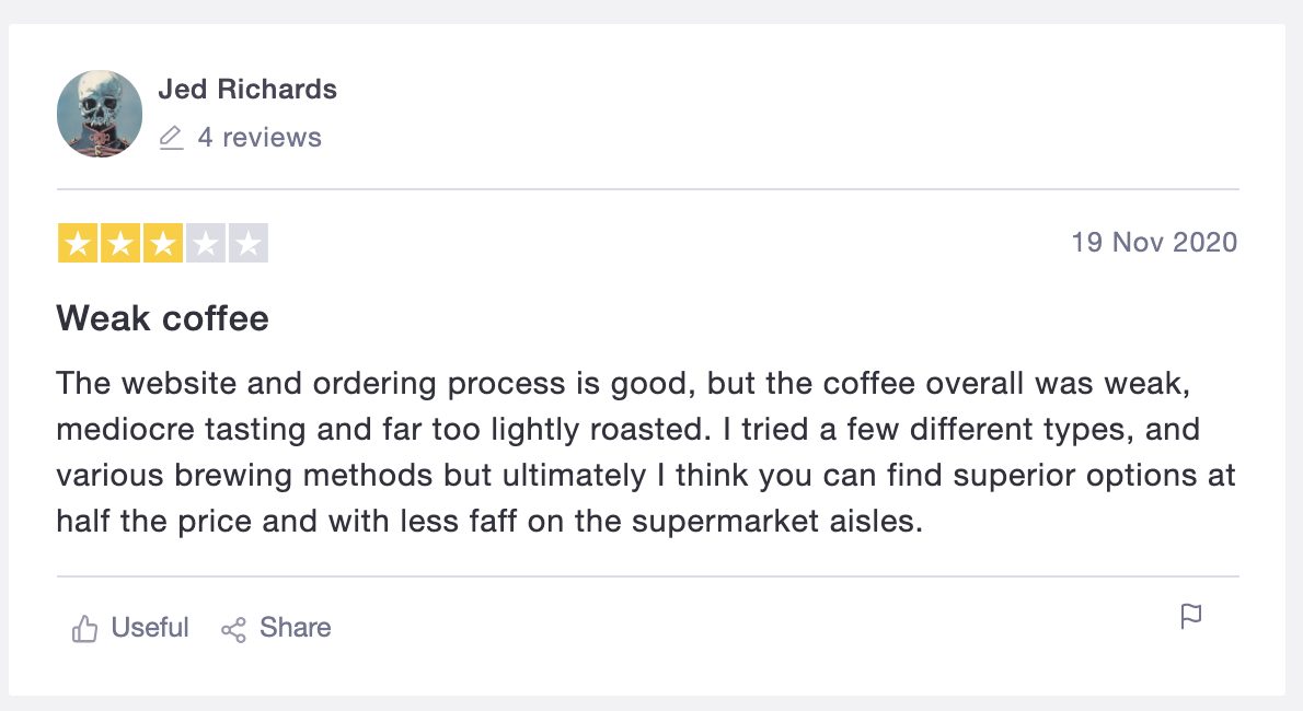 Review on TrustPilot for a coffee subscription service