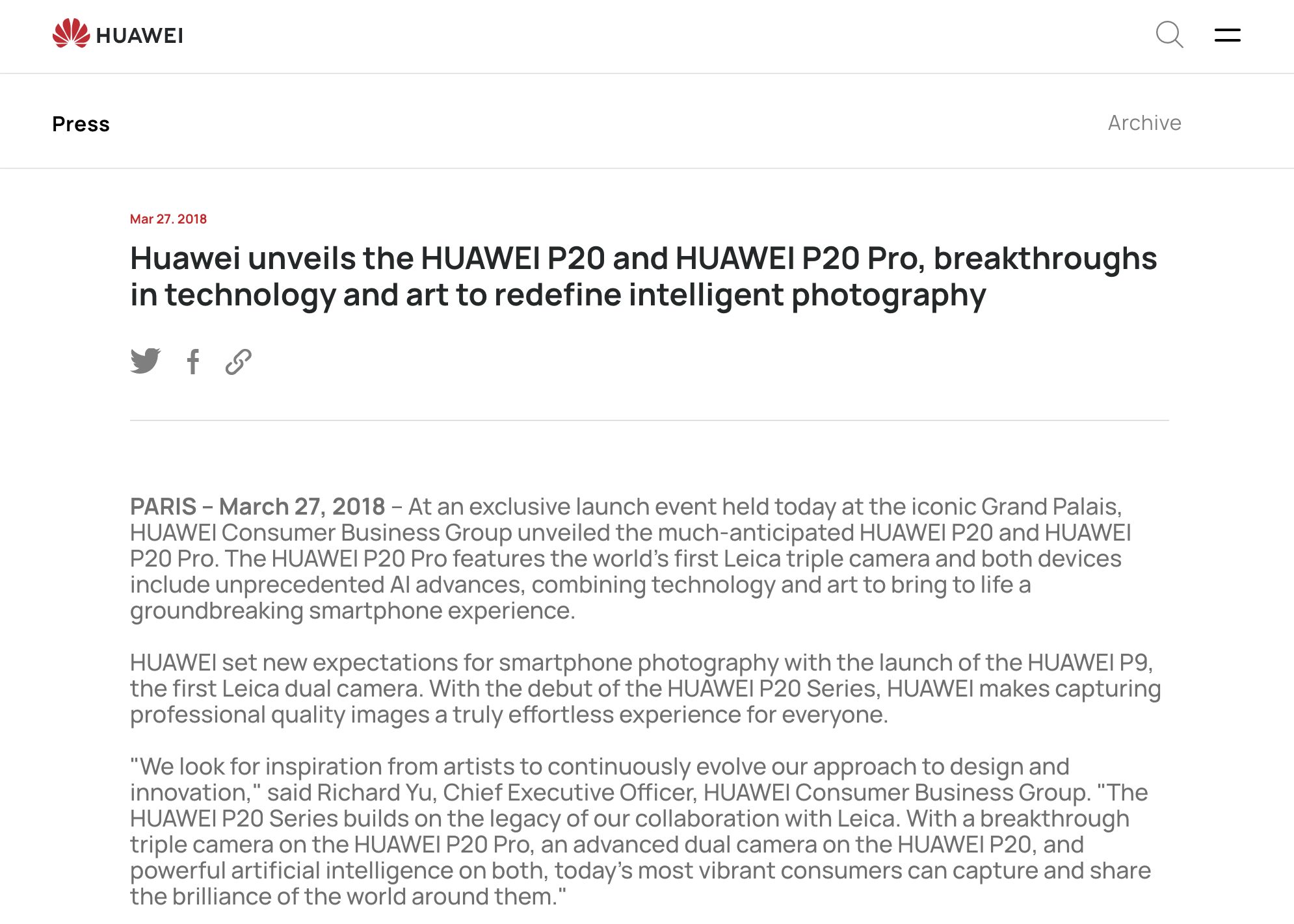 Screenshot of a Huawei press release
