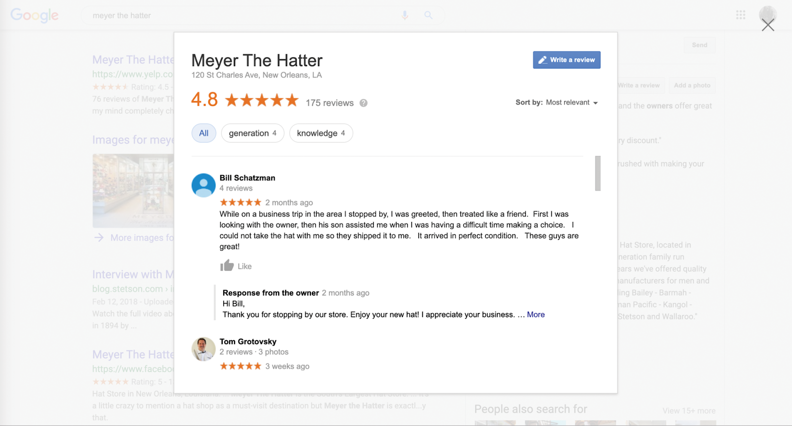 Review of Meyer The Hatter, talking about the great service with a response from the owner saying "thank you."