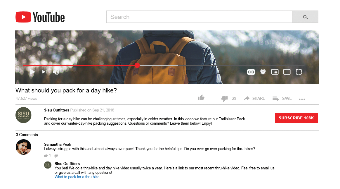 A YouTube video that advices viewers on what to take for a day hike, complete with a comment from a viewer thanking the company for the helpful information