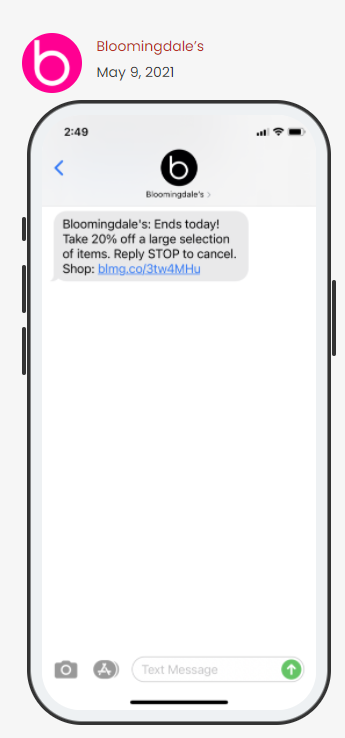 Bloomingdales SMS message announcing the end of a sale