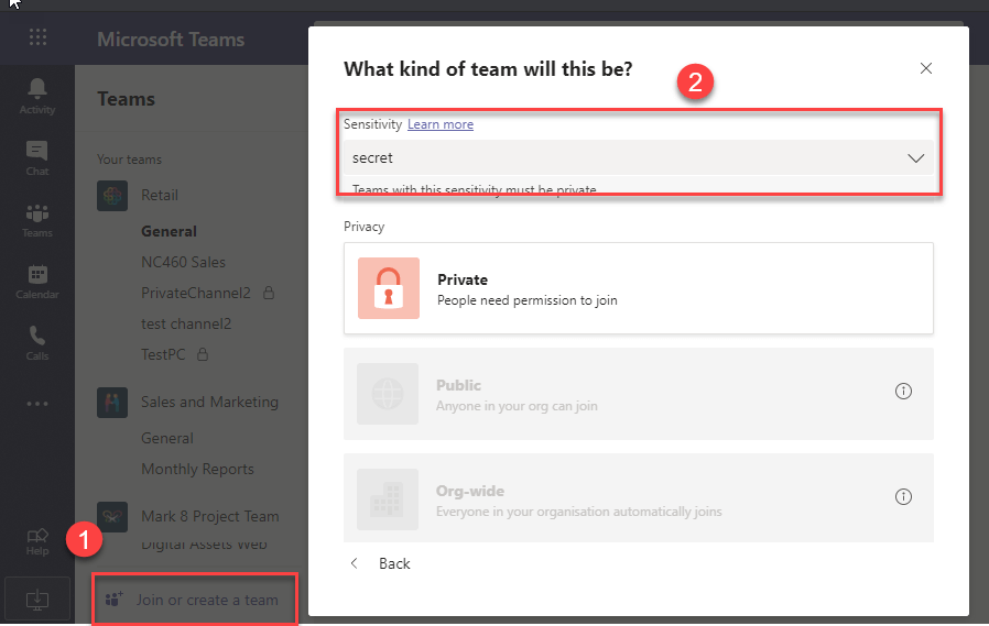 An image showing how to create sensitivity labels within Microsoft Teams.