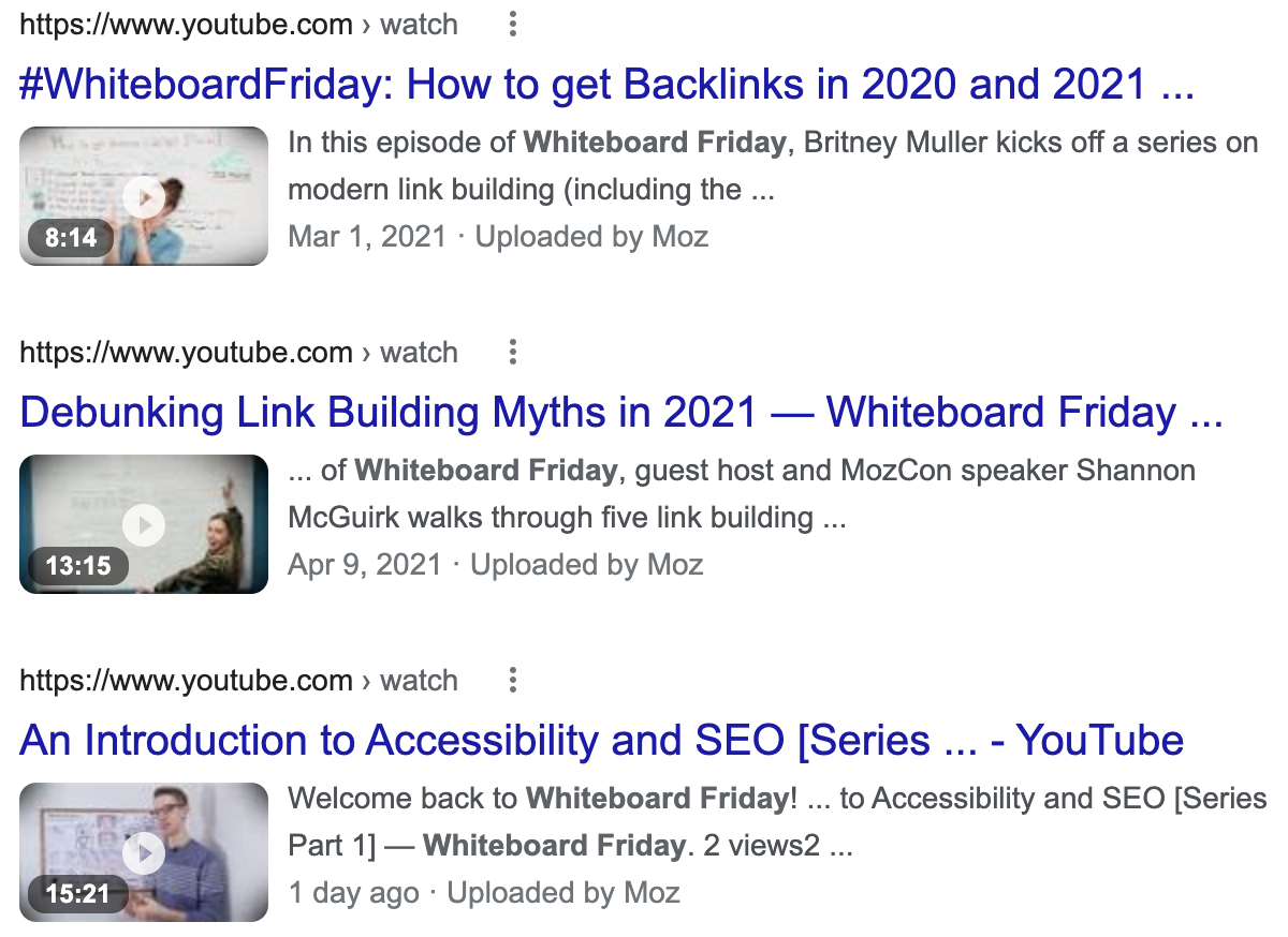 A screenshot of Google’s results for Moz’s Whiteboard Friday videos