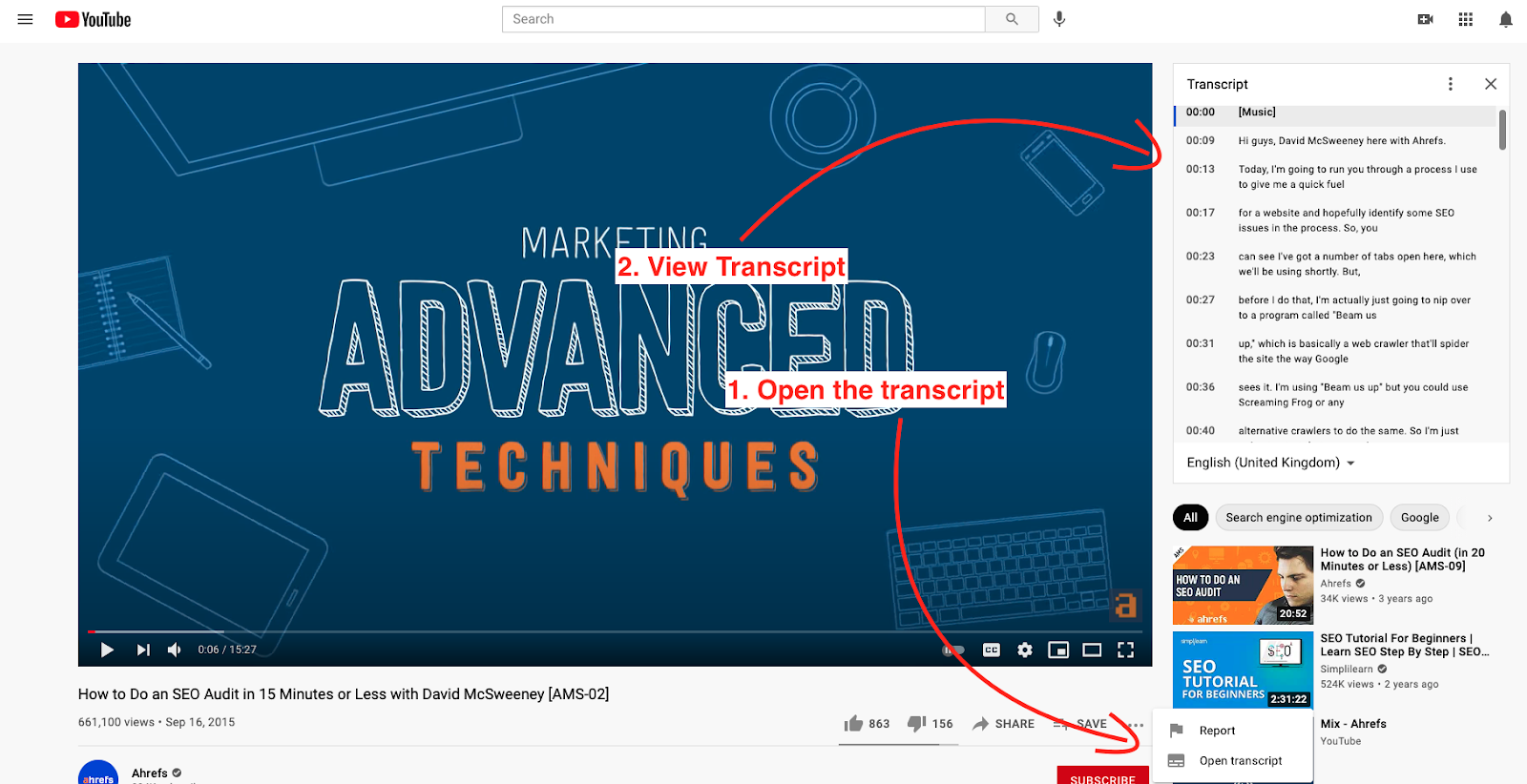 How to find a video transcript on YouTube