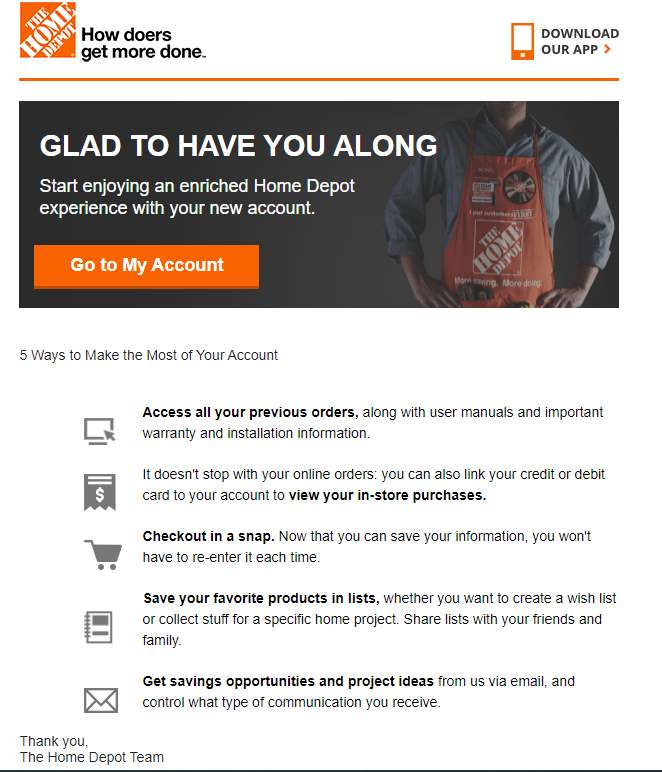 The welcome email upon signing up for The Home Depot’s loyalty program.