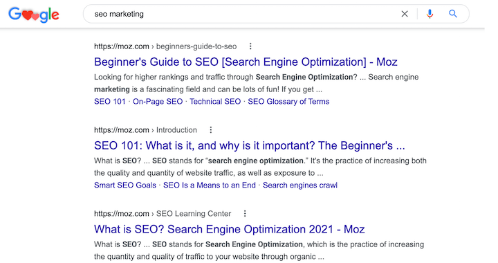 Moz content on the first page of google