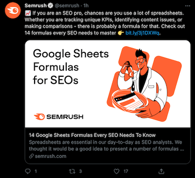 Semrush example of good content distribution on social media