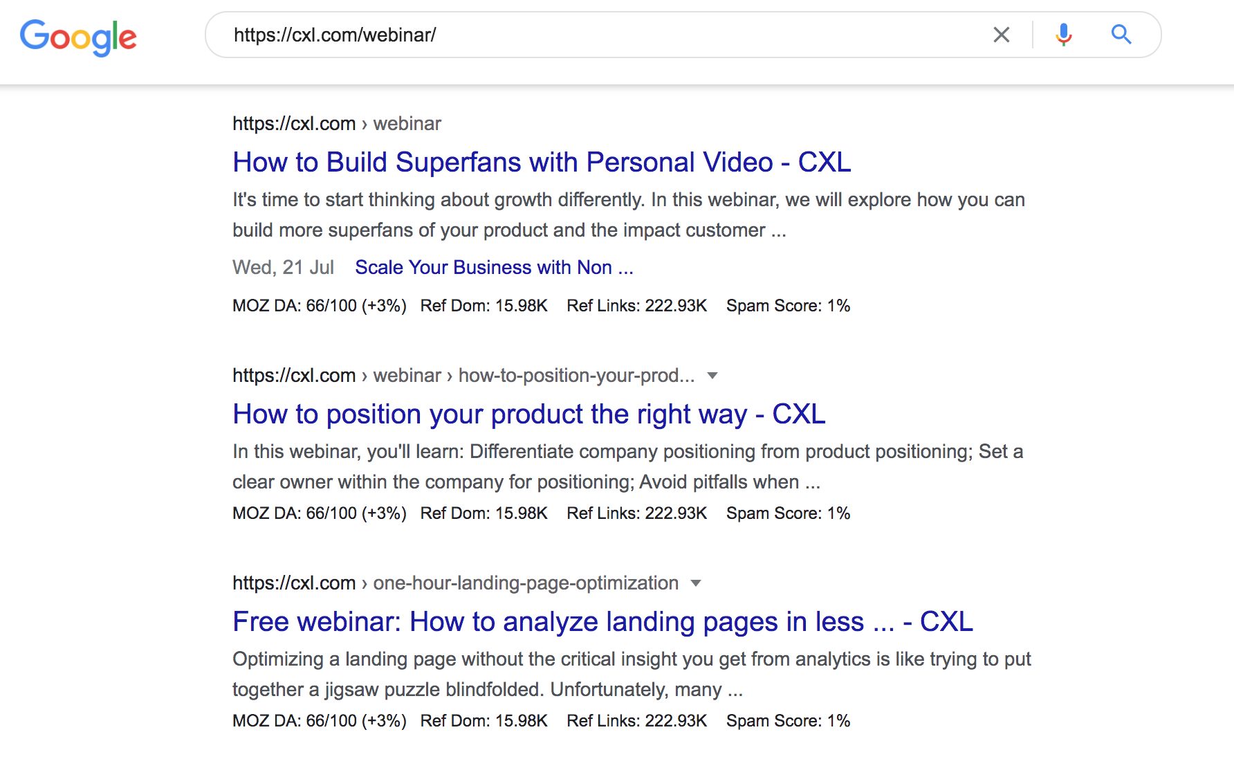 CXL webinar site structure in Google SERPs