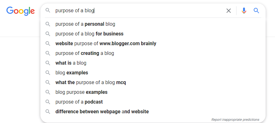 example of google predictive search