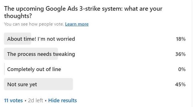 linkedin poll about google ads three strike policy pilot