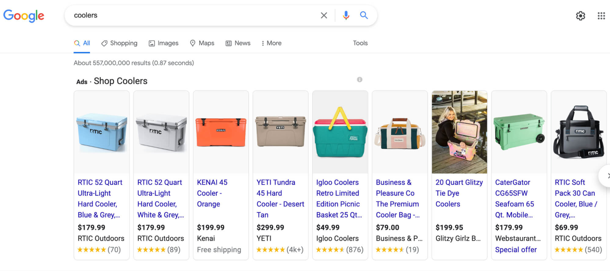 Google Shopping result for coolers