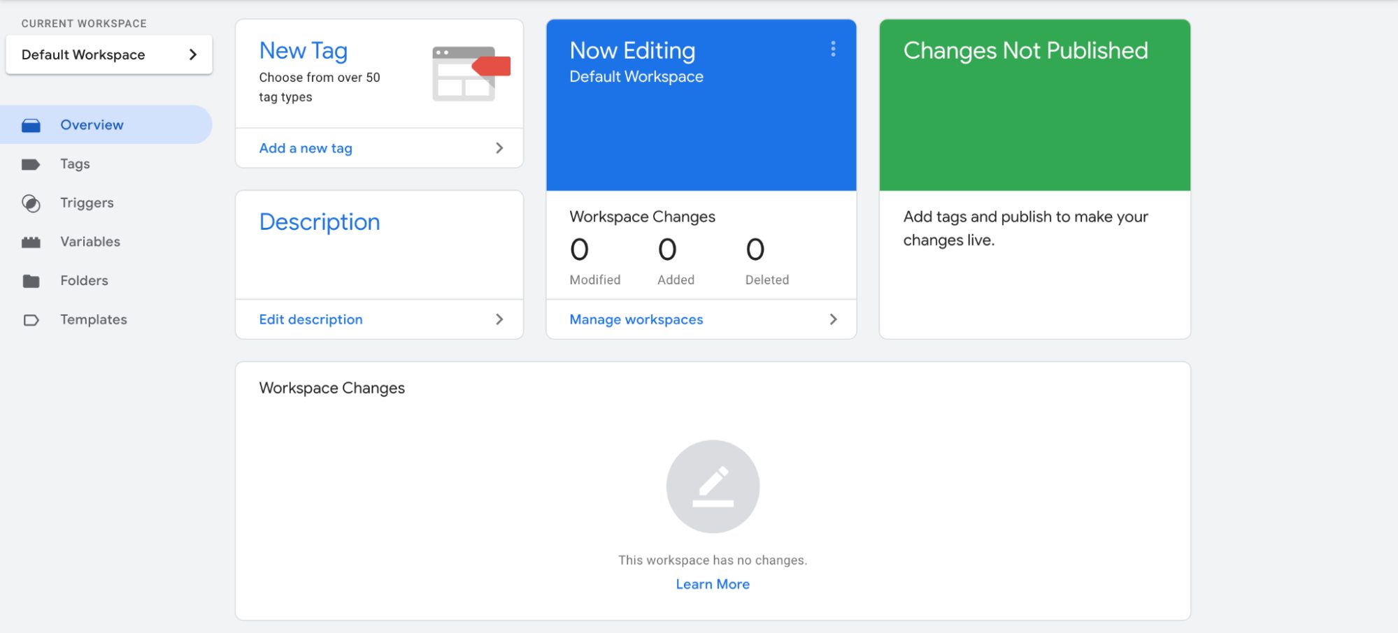 Google Tag Manager dashboard (new account)