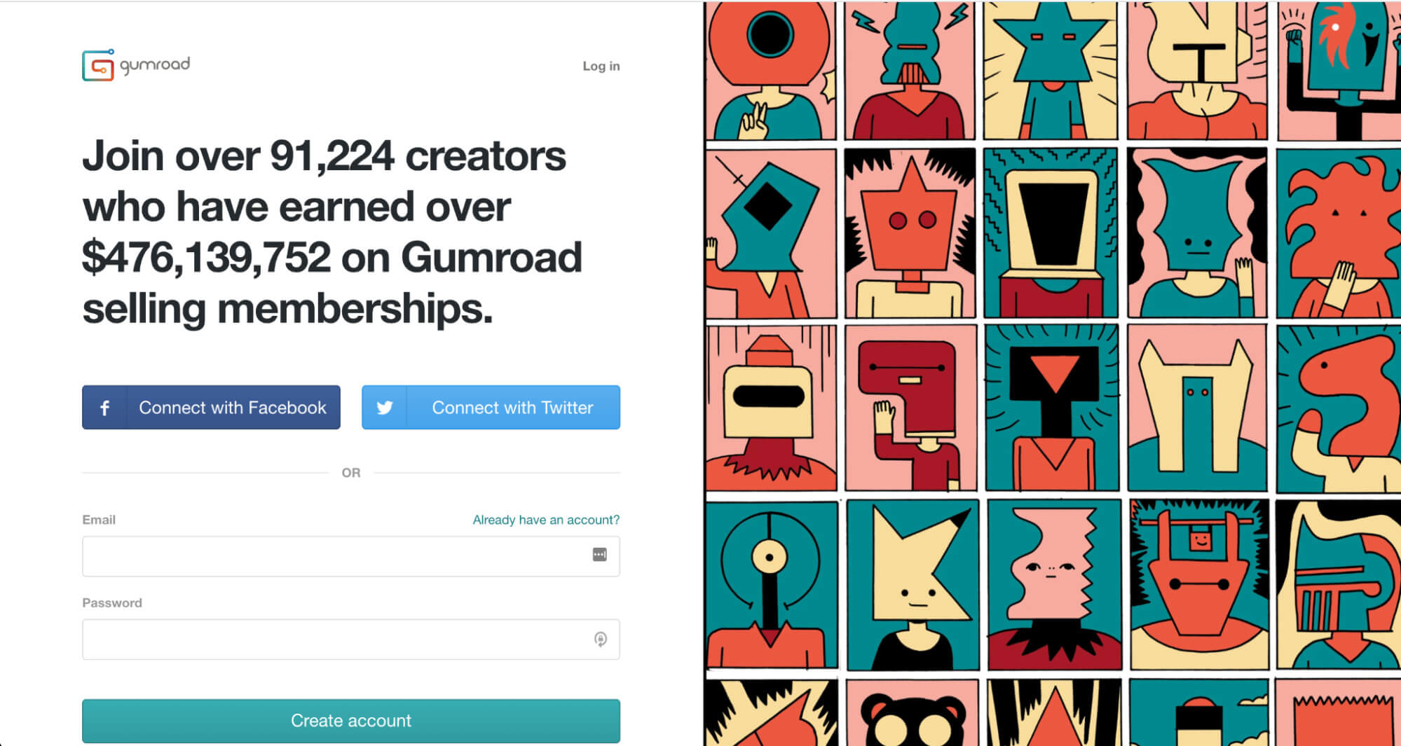 Gumroads login page and value proposition