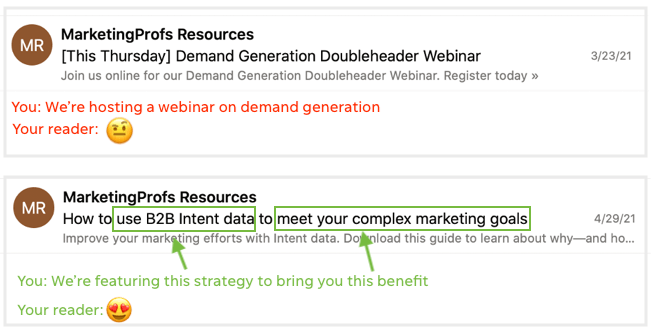 example of copy that sells—features and benefits in email subject line