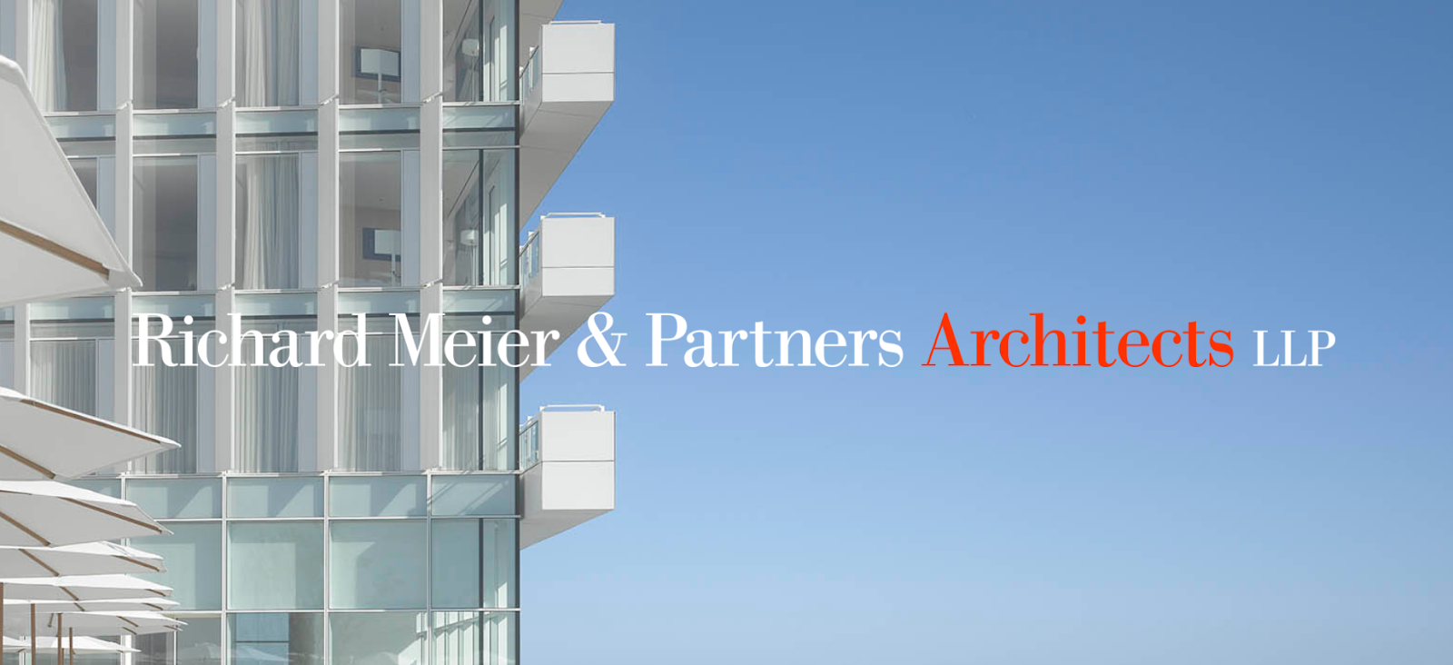 Richard Meier & Partners Architects LLP splash page showing an edge view of a condo high rise all in white and soft blue