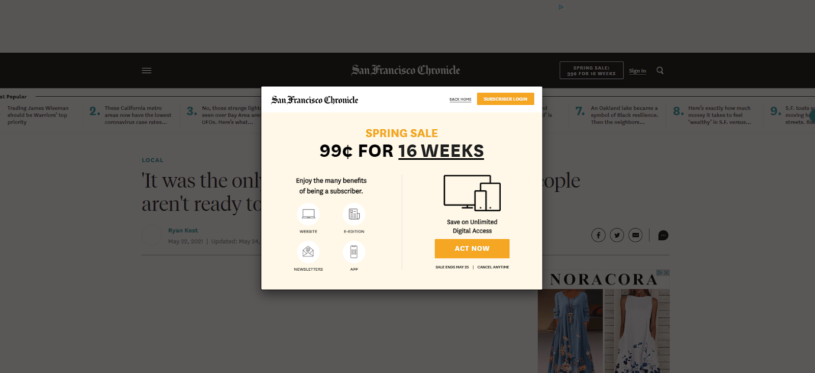 San Francisco Chronicles splash page is a small square requiring readers to sign in or sign up before they can get to the article itself