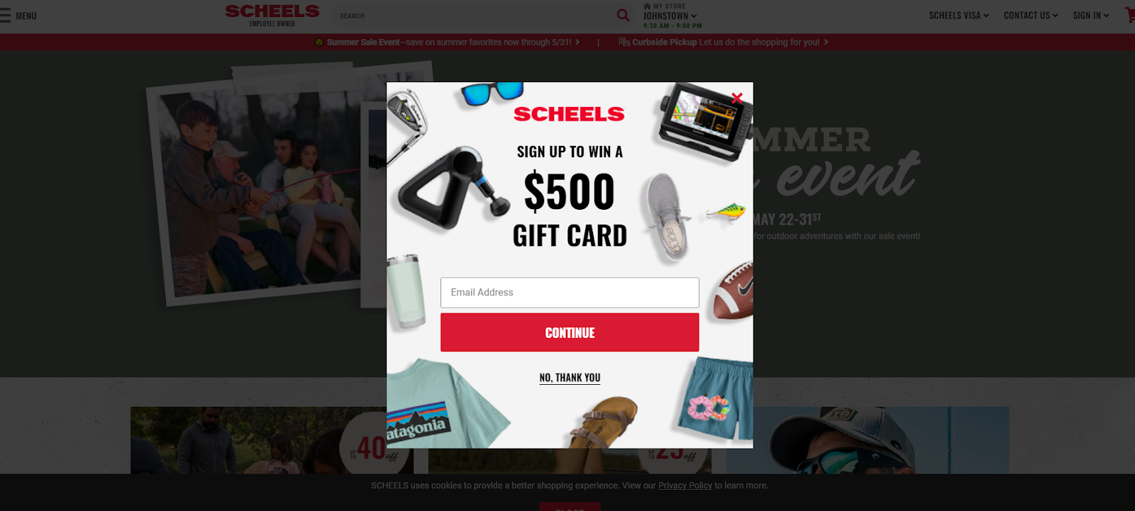 Scheels splash page is a small, centrally located box, that invites visitors to sign up
