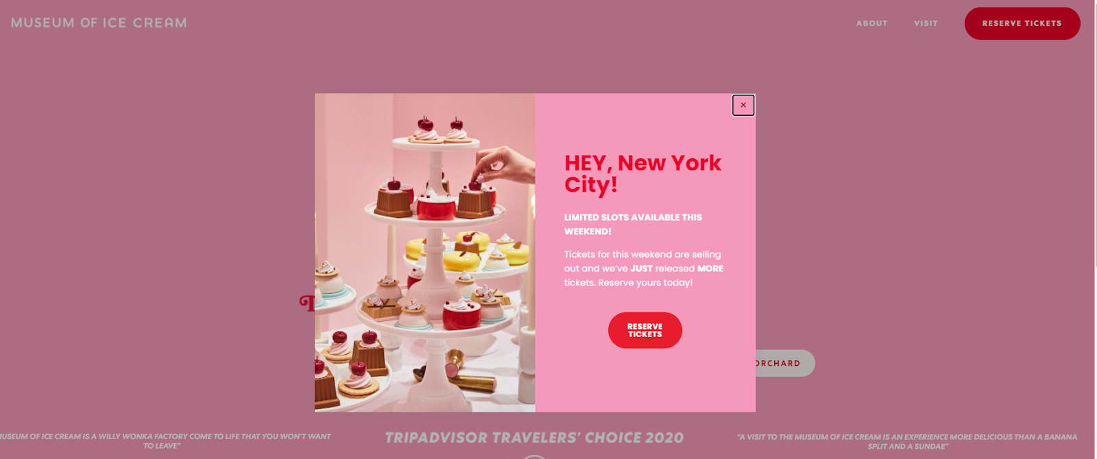 Museum of Ice Cream in New Yorks splash page is a centrally located box that displays an image of deserts on a tray and text about tickets