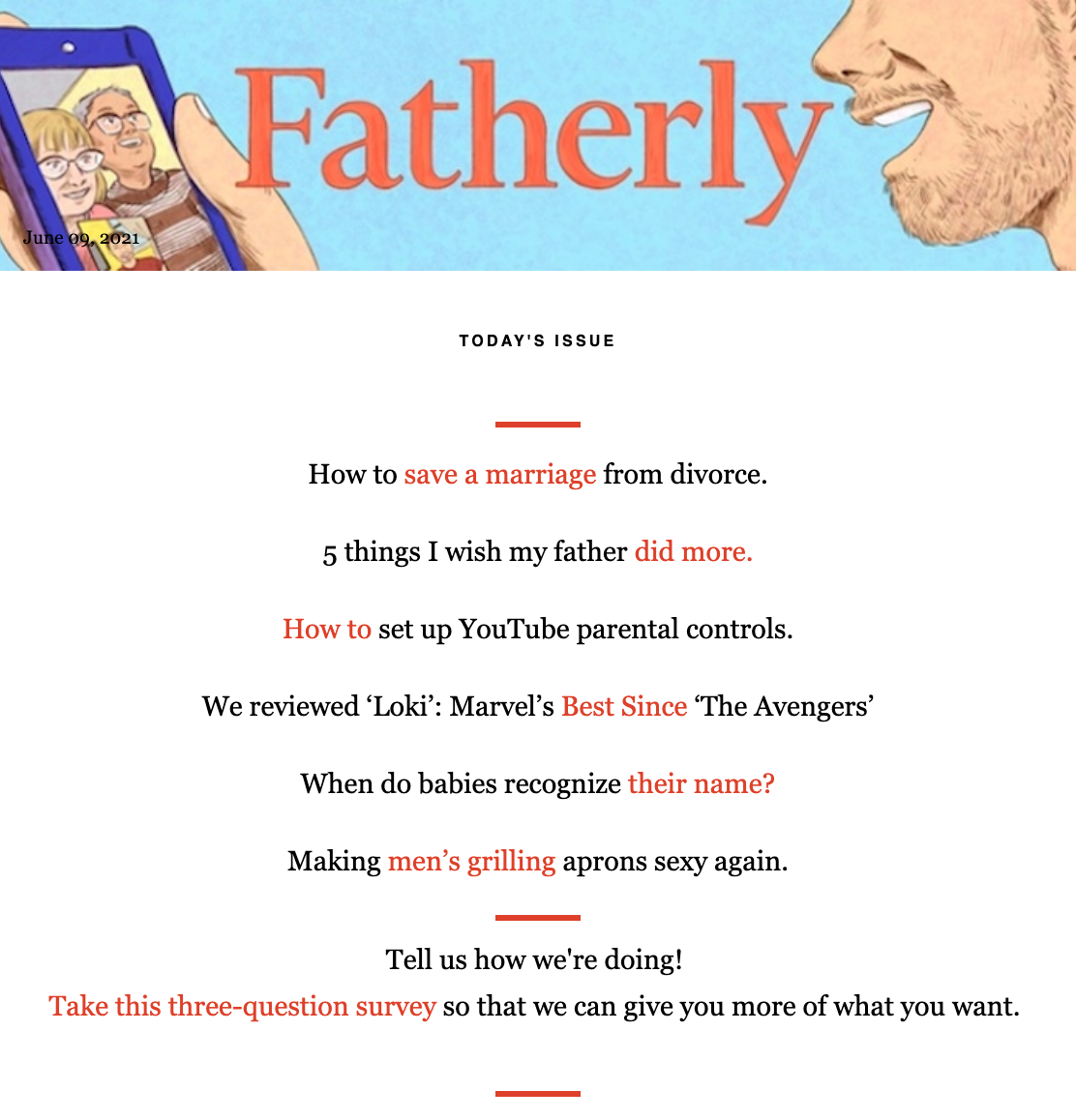Fatherlys newsletter has a table of contents so readers can jump to the section they want to read