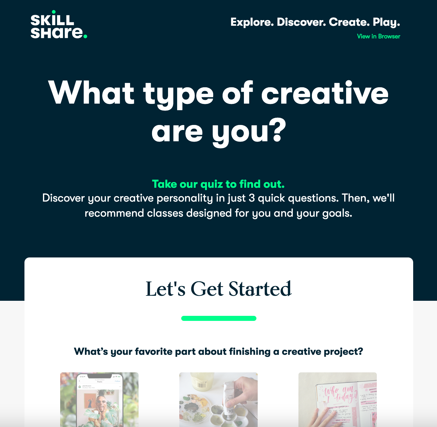 Skillshares newsletter asks questions with readers clicking on links to answer them