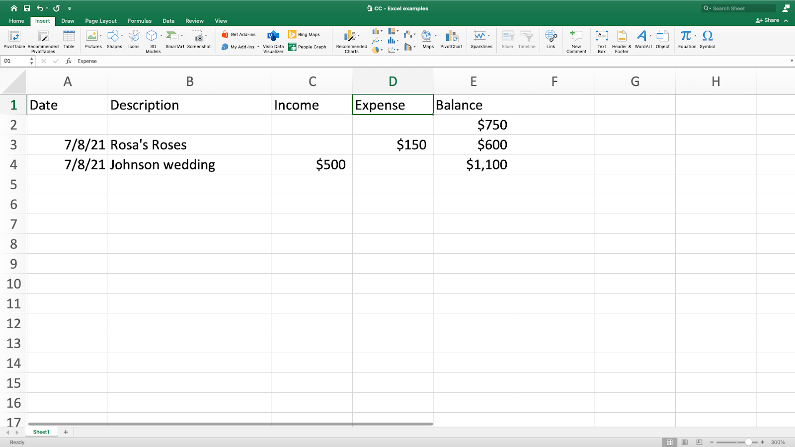 screenshot of Excel cash basis accounting