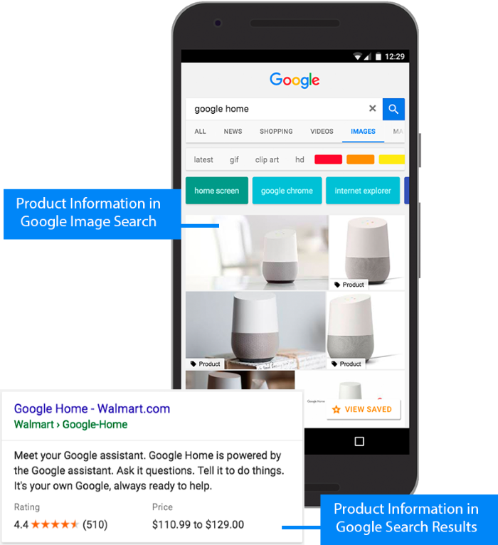 Example of Google showing rich information in the product listings for ecommerce sites selling Google Homes