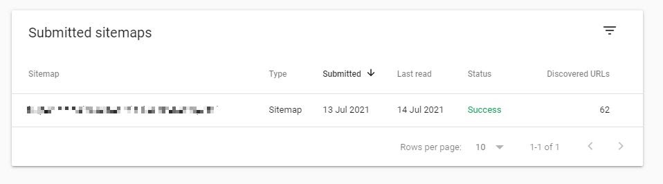 Screenshot of listed sitemap in Google Search Console