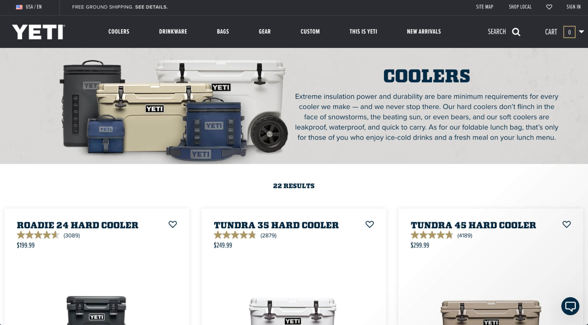 Yeti coolers product page screenshot