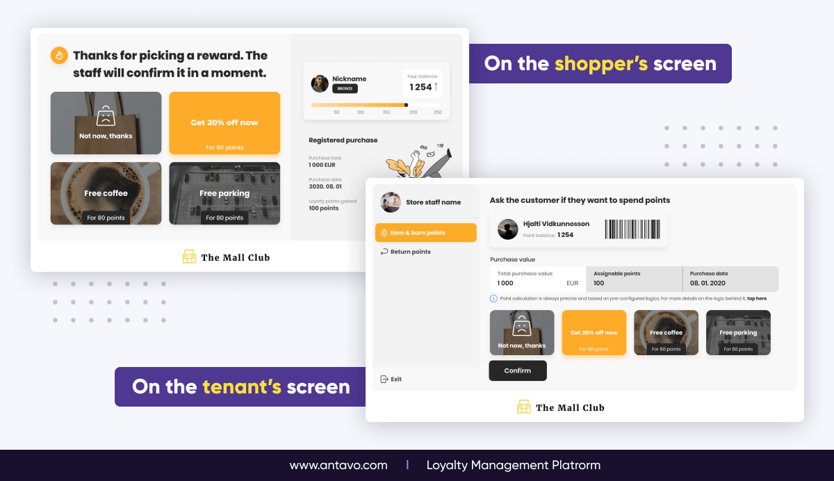 A side-by-side comparison showing how a loyalty action looks like on the shopper’s and the tennant’s screen of Antavo’s Coalition Loyalty Hub.