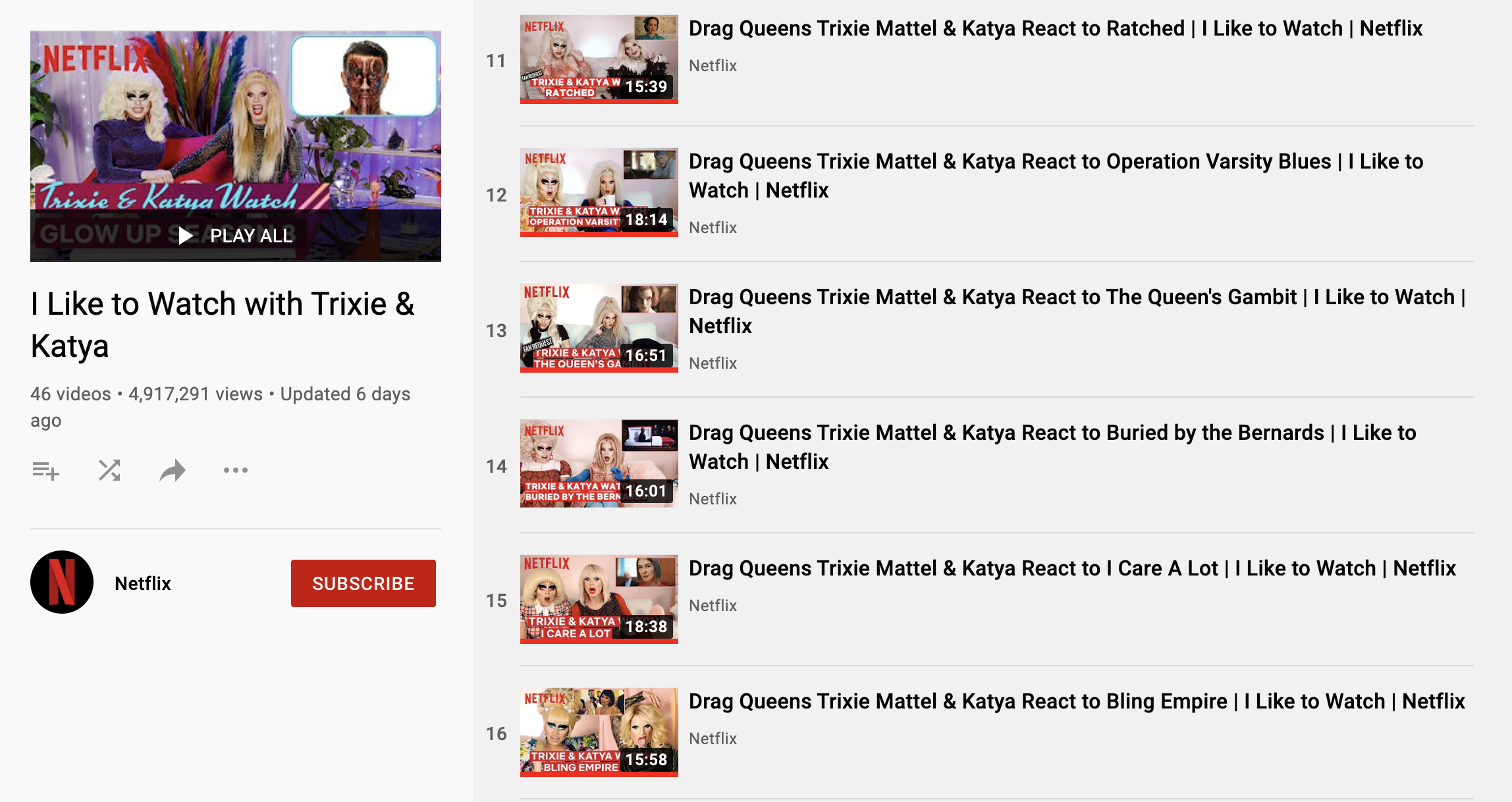 screenshot of netflixs youtube playlist of all trixie and katya like to watch videos