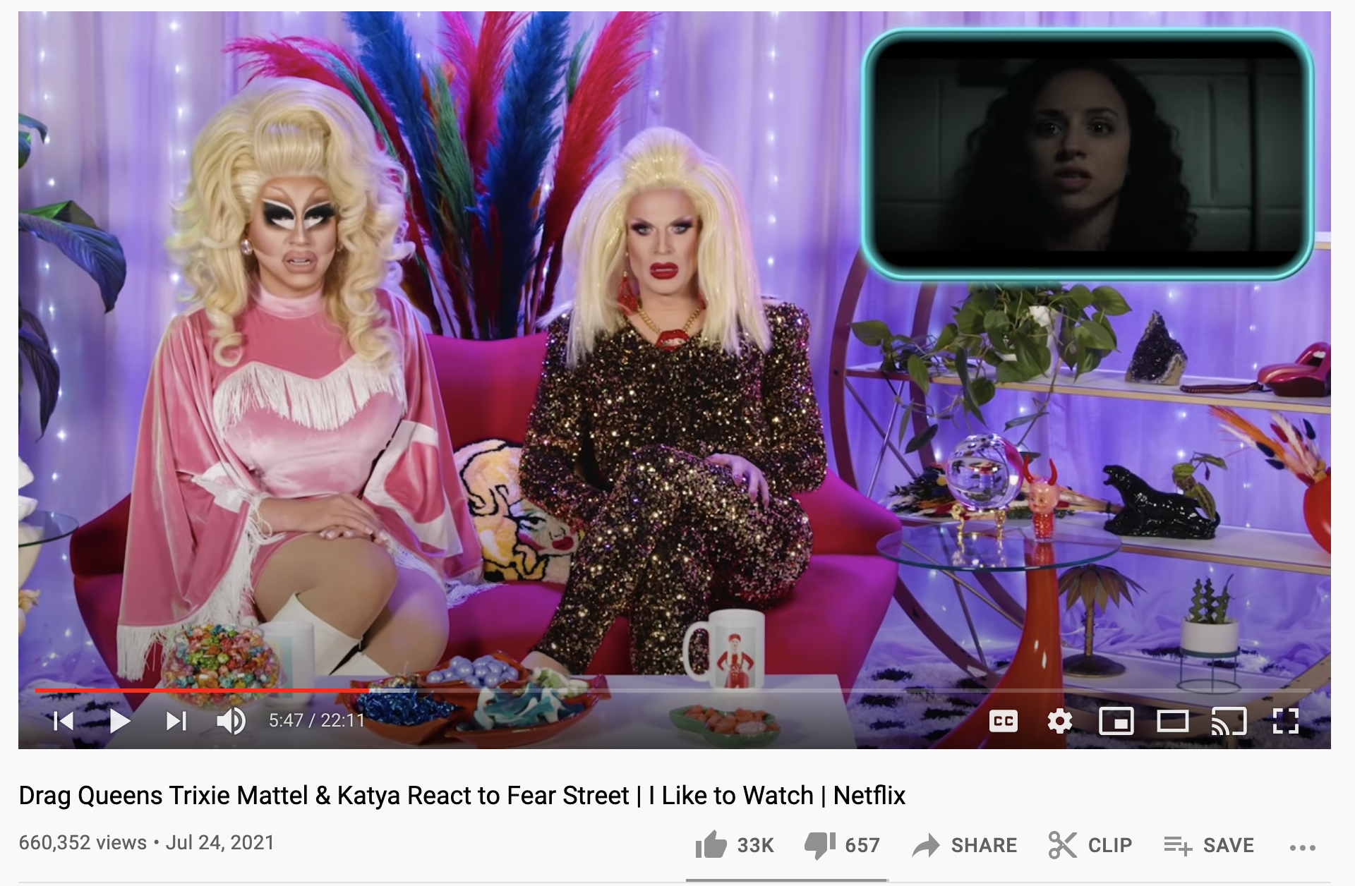 screenshot of trixie and katya react to fear street video on youtube
