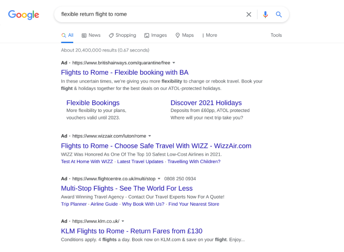 Search results and PPC ads showing for flights to rome